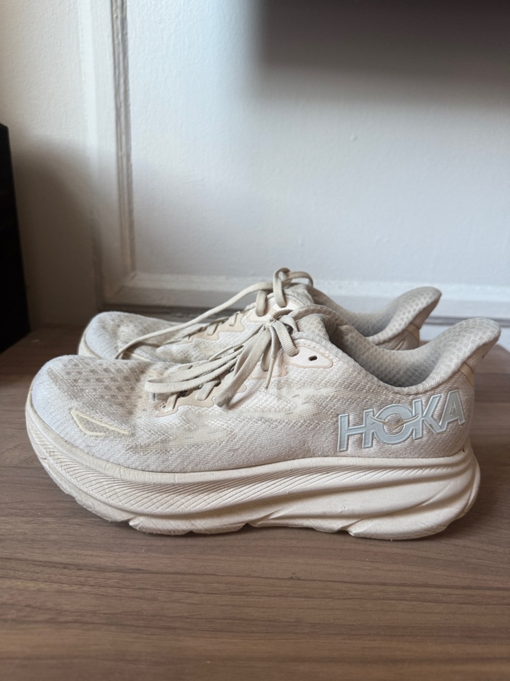 Hoka Neutral Running Shoes in Light Beige Clifton 9